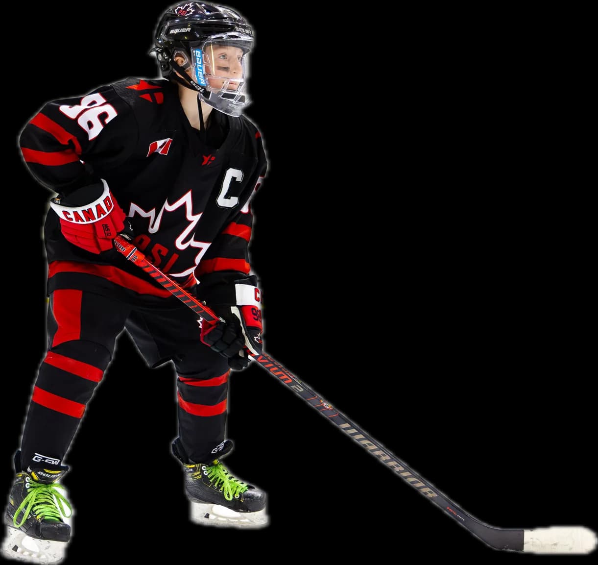 A PSI player in the ready stance, stick on the ice