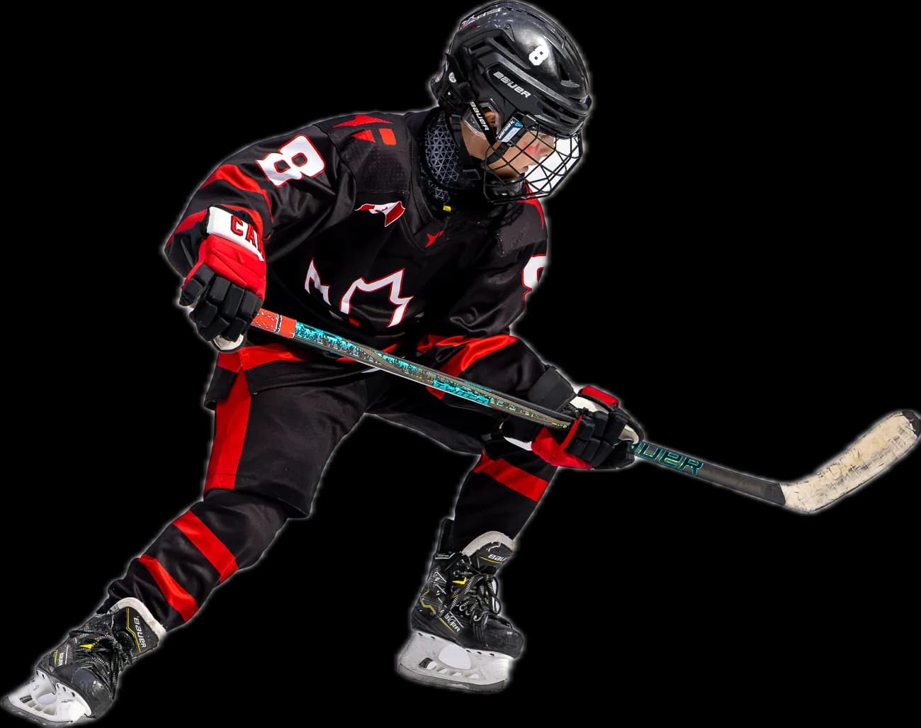 A PSI player skating out of frame, number 8, stick on the ice